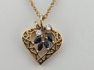 ESTATE Gold Tone NATURAL SAPPHIRE and Cubic Zirconia PENDANT Necklace 16" - Picture 1 of 4