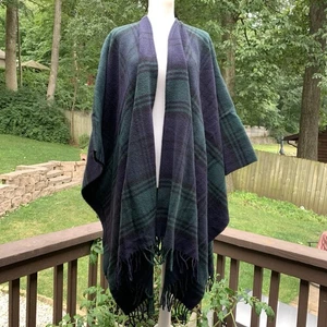 Talbots Poncho Plaid Open Shawl Cape One Size OS Made In Italy Wool Vintage - Picture 1 of 9