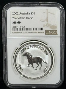 2002 P ** Australia 1 oz .999 Silver Lunar ** Year of the Horse ** NGC MS 69 ** - Picture 1 of 2