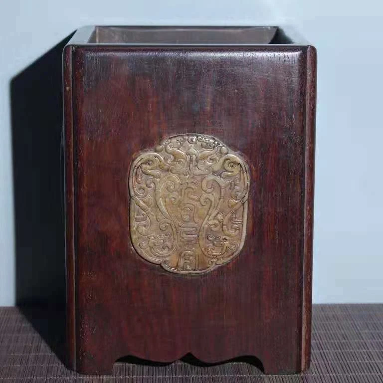 Olla de cepillo tallada a mano de jade con incrustaciones de palo de rosa natural antigua de China rara  Foto 1 de 4