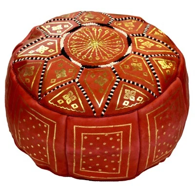  Pouf Moroccan Hassock Leather Round Ottoman Foot-stool Pouffe Medium Red - Image 1 of 4