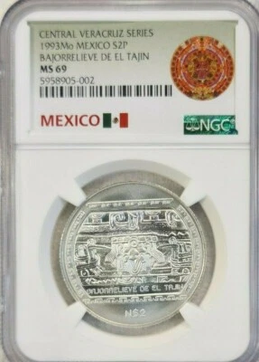 1993 MEXICO SILVER 2 PESOS BAJORRELIEVE DE EL TAJIN NGC MS 69 PQ RARE TOP POP  - Image 1 of 4
