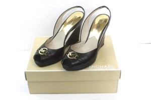 black Michael Kors Rochelle peep toe leather wedge shoes heels slingback 8.5 M - Picture 1 of 10