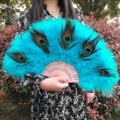 Abanico Plegable Pluma de Pavo Real Hecho a Mano Chino Portátil Baile Lolita Juegos con disfraces Foto 1 de 4