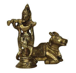 Cow Krishna Figure Handcrafted Brass Statue Lord Krishna With Cow Sculpture Idol - Bild 1 von 8