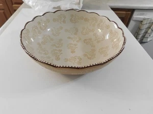TEMPTATIONS BY TARA FLORAL LACE TAN LG SERVING MIXING BOWL 13.5" BEADED RIM - Picture 1 of 8