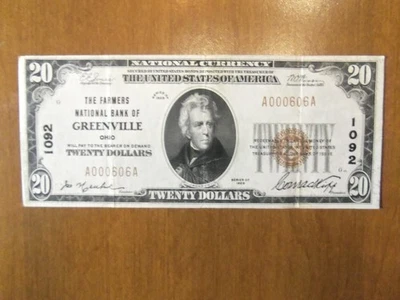 1929 $20,  FARMERS  NATIONAL BANK OF  GREENVILLE,  OHIO CHARTER 1092 - Image 1 of 3