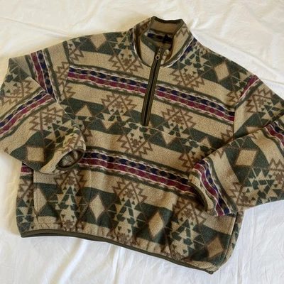 Suéter Woolrich XXL Marrón Verde Azteca Polar Pullover Cuarto Cremallera EE. UU. Foto 1 de 4