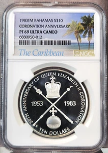 1983 BAHAMAS SILVER 10 DOLLARS CORONATION NGC PF 69 ULTRA CAMEO RARE TOP POP - Picture 1 of 3