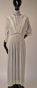 EDWARDIAN SWISS DOT MUSLIN DRESS W EMBROIDERED INSERTION + HIGH COLLAR - Picture 1 of 9