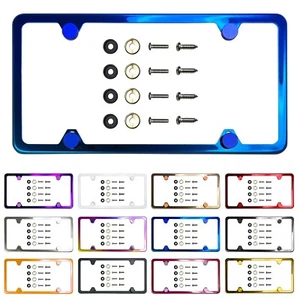 Car Truck License plate frame Stainless Steel with Metal screw caps 4 Hole Slim - Picture 1 of 108