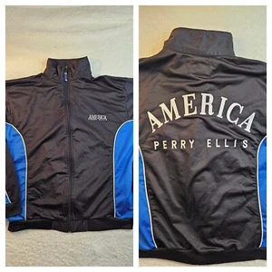 Vintage Perry Ellis America Jacket Mens M Black Blue Track Full Zip Embroidered  - Picture 1 of 12