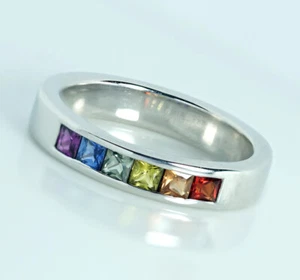 Genuine 9K 10K or 18K Solid Thick Gold Natural Rainbow Sapphire PRIDE Band Ring - Picture 1 of 2