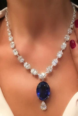 Magnificent Royal Blue Oval Cur 61.25CT Sapphire & 39.55CT Clear CZ Necklace - Image 1 of 3