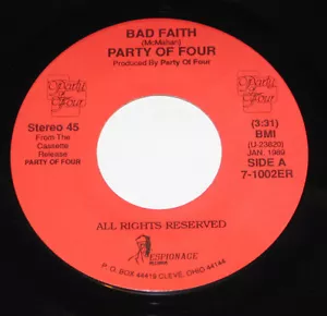 Party Of Four 45 HEAR PRIVATE OHIO POWER POP NEW WAVE HARD ROCK Bad Faith 1989 - Picture 1 of 2