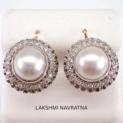 3Ct Round Cut Natural Pearl Double Halo Women's Earring 14K Yellow Gold Plated - Image 1 of 4