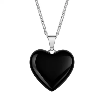 Collana con Cuore Nero Ossidiana pietre dure e Catena Acciaio inox argento Donna - Immagine 1 di 4