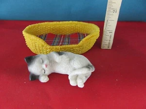 435. Cesta de mimbre gris gato gatito durmiendo en una canasta de mimbre con resina de cojín a cuadros - Imagen 1 de 5