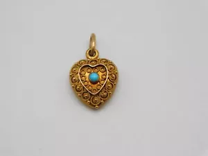 VICTORIAN ETRUSCAN 14K SOLID YELLOW GOLD TURQUOISE STONE PUFFY HEART PENDANT - Picture 1 of 7
