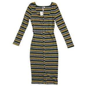 NWT Long Sleeve Striped Button Down Ribbed Fitted Midi Dress S - Picture 1 of 12