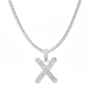 Unisex Iced CZ Baguette Silver Plated X Initial Pendant Necklace 20" Cuban Chain - Picture 1 of 4