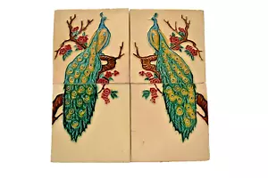Piastrelle Antiche Pavone Art Nouveau Maiolica Giapponese Pannello Per Piastrelle Camino"1 - Foto 1 di 15