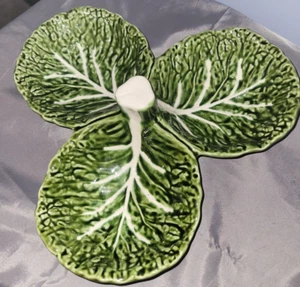 Large Olfaire 3 Leaf White veined Cabbage Dish Made in Portugal 12"Beautiful - Picture 1 of 2