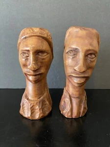 HandCarved Wood African Tribal Man And Woman Busts Statuettes Sculptures 6 5/8”H - Picture 1 of 6