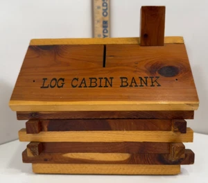 Log Cabin Coin Money Bank Wooden Red Cedar - Picture 1 of 7