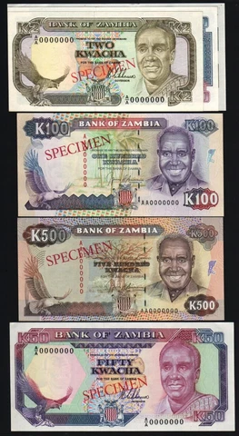 Zambia 2 5 10 20 50 100 500 1989-1991 UNC Specimen Set P-29 30 31 32 33 34 35 Cover
