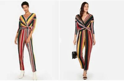 Новый экспресс женщин многоцветный в полоску v-образным вырезом 3/4 рукав закручивания спереди комбинезон XS S - Изображение 1 из 2