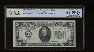 DBR 1934-A $20 FRN Chicago Fr. 2055-B PCGS-B 64 PPQ Serial G98226306A - Image 1 of 2