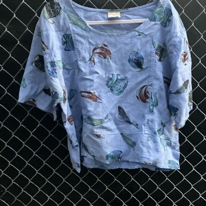 Vintage Tom-Tom California L %100 Leinen Boxy Top blau mit Fisch Design - Bild 1 von 8
