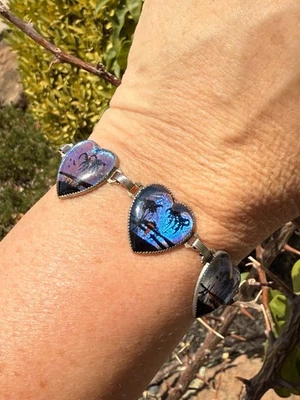 Plated Silver Hoffman? Puffy Heart Bracelet Painted Butterfly Wings Size 7.4" - Image 1 of 4