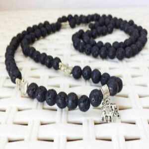 8mm Natural 108 knot black lava beads silver Elephant necklace Beaded