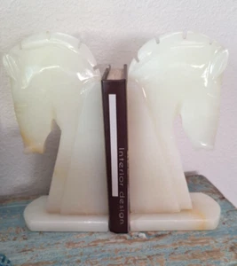 VTG Knight Trojan Horse Head Large 10" Carved Onyx Stone Bookend Set - Picture 1 of 11