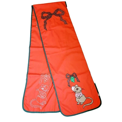 Vtg Christmas Holiday Embroidered Red Runner Holiday Mouse Green Ribbon - Image 1 of 4