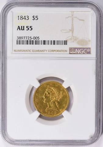 1843 LIBERTY HEAD HALF EAGLE $5 GOLD NGC AU55 Cover