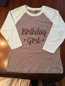 Adorable Birthday Girl Raglan Tee Shirt NWOT Youth Medium Stars T-shirt Handmade - Picture 1 of 4