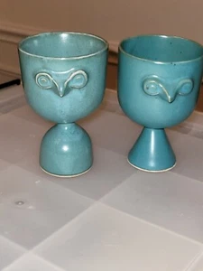 Charming Stoneware Teal Owl Wine Goblets Pottery - Picture 1 of 5