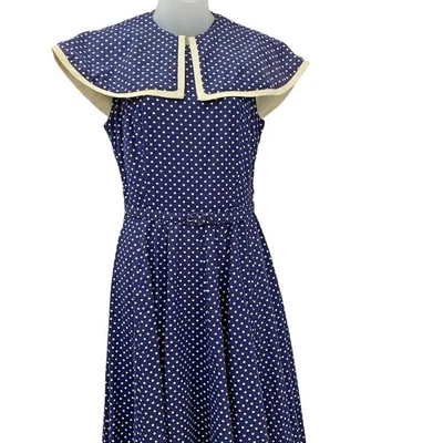 Blue White Polka Dot Pinup Cocktail Party Sheath Dress M Belt Sz 10 Vintage 60s - Image 1 of 4