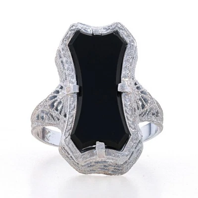 Anel solitário de ouro branco ônix coquetel - Filigrana 14k - Imagem 1 de 4