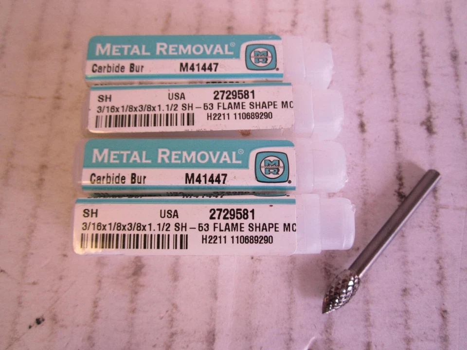 Metal Removal SH-53 3/16 x 1/8 x 3/8 x 1-1/2" Carbide Bur Flame Shaped - Qty 5  - Image 1 of 1