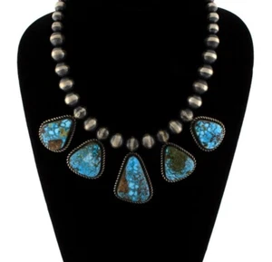 Natural 5-Tab Kingman Turquoise Graduated Silver Bead Necklace By Nila Johnson - Picture 1 of 4