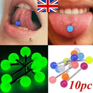10Pcs Luminous Ball Flexible Barbell Stud Tongue Ring Bars Body Piercing UK - Picture 1 of 11