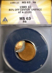 1989 ERROR ANACS MS63 OFF CENTER Lincoln Cent NICE CH BU Coin w/ UNIFACE REV. NR - Picture 1 of 4