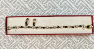 Gold Plated Genuine Oval Sapphire & Diamond X Link Bracelet & Earring Set VTG - Picture 1 of 12