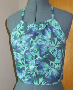 Handmade Tropical Blue Butterflies Womens M Cotton Tie Back Halter Crop Tank Top - Picture 1 of 7