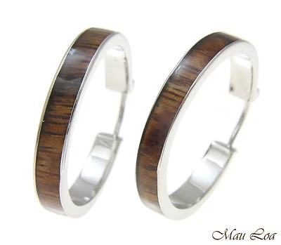 Pendientes de aro redondo de latón chapado en rodio hawaiano de madera de Koa de 30 mm con cierre a presión Foto 1 de 3