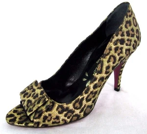 Hollywould Shoes Sz 6 Womens Black Gold Fabric Cheetah Open Toe Pump Heels Italy - Picture 1 of 6
